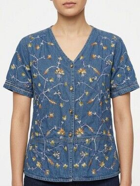 VTG Jane Ashley Floral Embroidered Denim Button Down Top Medium 100% Cotton